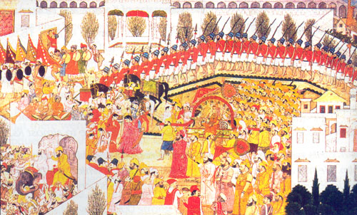 Maharaja Sansar Chandra entering Bilaspur with his army (trained by the Irish Col. O. Brian)